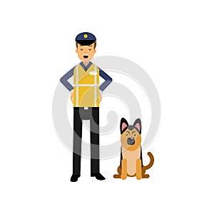 Cartoon flat police officer in high visibility clothing standing with service german shepherd dog