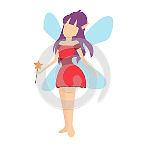 Cartoon flat pretty fairy in a puffy dress with the magic wand.