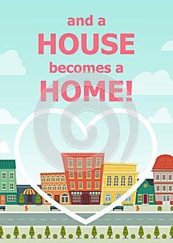 Cartoon flat stile postcard poster sweet home concept idea with house comfort street line cityscape, dotted heart frame, pink funn
