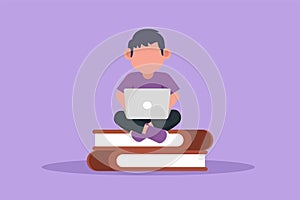 Cartoon flat style drawing adorable little boy typing on laptop computer on his lap and sitting on pile of big book. Student