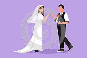 Cartoon flat style drawing adorable married couple in love on romantic date. Smiling boy giving rose flower to cute girl. Young