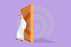 Cartoon flat style drawing Arab businessman pushing door with his back. Business struggles metaphor. Strength for success.