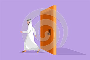 Cartoon flat style drawing Arab businessman walking and leaving closed door. Business ventures. Entrepreneur entering new market.