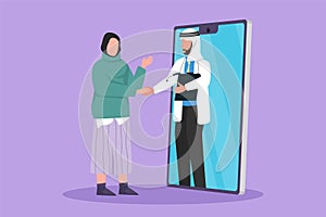 Cartoon flat style drawing Arab female patient standing and shaking hand with male doctor coming out of smartphone and hold