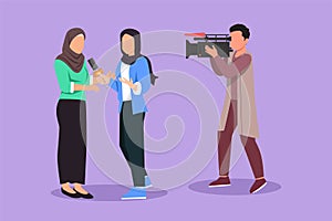 Cartoon flat style drawing Arab woman journalist with microphone, interview Arabian girl at tv studio. Reporter and cameraman
