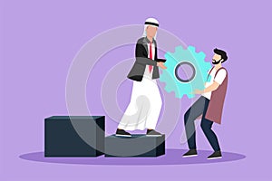 Cartoon flat style drawing Arabian businessman helping his partner to lifting cogs or gears on top of stairs. Teamwork, goal