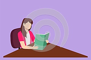 Cartoon flat style drawing beautiful girl student sitting at table and holding book in hands. Female reading a book. Young woman