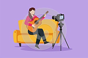 Cartoon flat style drawing of beautiful woman blogger recording and live steam playing guitar on social media. Concept of