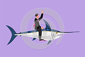 Cartoon flat style drawing of brave businessman riding huge dangerous marlin fish. Professional entrepreneur character fight with