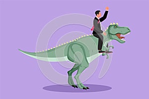Cartoon flat style drawing of brave businessman riding huge dangerous tyrannosaurus. Professional entrepreneur male character