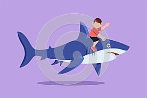 Cartoon flat style drawing bravery little boy riding inflatable shark. Adorable kids sitting on back shark in deep zoo swimming