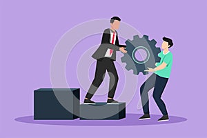 Cartoon flat style drawing businessman helping his partner to lifting cogs or gears on top of stairs. Teamwork, goal achievement,