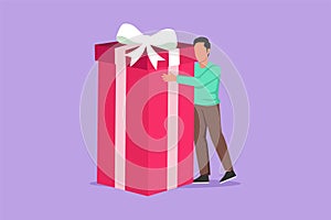 Cartoon flat style drawing businessman hugging huge birthday gift. Happy satisfied man standing near big wrapped birthday gift box