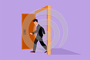 Cartoon flat style drawing businessman walking through an open door frame. New business ventures challenge. Entering new market