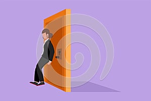 Cartoon flat style drawing of businesswoman pushing door with her back. Business struggles metaphor. Strength for success.