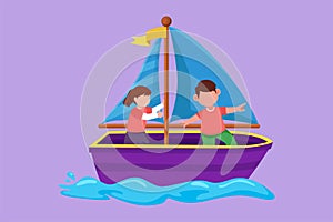 Cartoon flat style drawing cheerful little boy and girl in sailboat together. Happy kids sailing boat at small lake. Children on