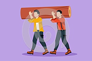 Cartoon flat style drawing couple of lumberjack laborers carrying heavy wooden log on shoulders in forest. Woodcutters working in