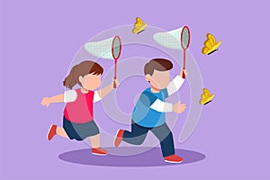 Cartoon flat style drawing cute little boy and girl catches butterfly. Happy children runs at outdoor garden. Adorable kids