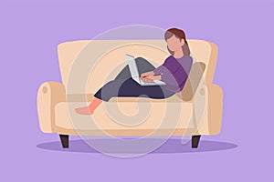 Cartoon flat style drawing of cute woman sitting on couch and typing on laptop keyboard. Work from home with female using computer