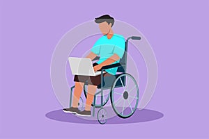 Cartoon flat style drawing disabled man working with laptop in wheelchair. Idea, computer. Freelance, disability. Online job