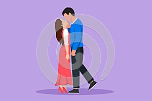 Cartoon flat style drawing dominant relationship. Romantic couple in love kissing and hugging. Happy handsome man and pretty woman