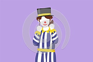 Cartoon flat style drawing female clown standing with celebrate gesture wearing hat and smiling face makeup. Entertain children