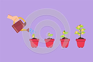 Cartoon flat style drawing hand with can watering money plant in pot logo, icon, symbol. Step of coin stacks, money saving and