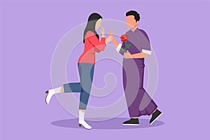 Cartoon flat style drawing happy Arab couple in love on romantic date. Cute smiling boy giving rose flower to his pretty girl. Man