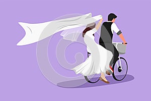 Cartoon flat style drawing happy married couple having fun on date riding bicycle in love. Back view of romantic teenage couple