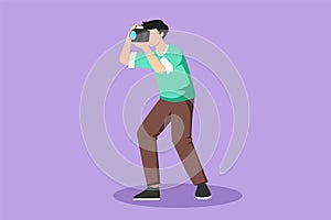 Cartoon flat style drawing male photographer taking photo pose. Camera and professional operator, correspondent man. Young male