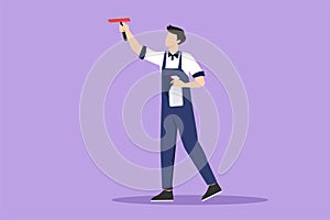 Cartoon flat style drawing male professional busy janitor wiping indoors, office cleaning, window, floor washing, young, happy,
