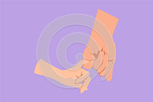 Cartoon flat style drawing mother and little baby hand gesturing keeping promise. Tiny newborn babies and female hands. Mom and