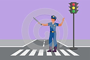 Cartoon flat style drawing policeman on crossing path near traffic light, in full uniform, lifting traffic stick are controlling