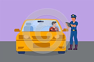 Cartoon flat style drawing policeman with uniform is ticketing a driver who uses a car for violating traffic signs. Regulations