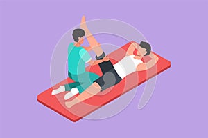Cartoon flat style drawing rehabilitation center, medical treatment concept. Massage therapy. Male physiotherapist giving leg