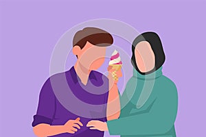 Cartoon flat style drawing romantic Arab couple standing and sharing ice cream cone. Celebrate anniversaries, enjoying fast food