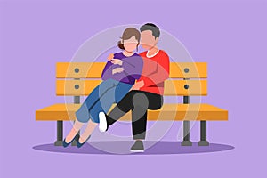 Cartoon flat style drawing romantic couple on bench in city park. Happy man hugging and embracing woman at outdoor park. Couple