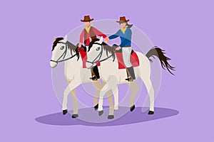 Cartoon flat style drawing of romantic couple riding horses hand in hand at sunset. Happy man making proposal marriage to pretty