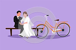 Cartoon flat style drawing romantic married couple chatting while sitting on bench. Happy couple take rest from ride bike. Man and