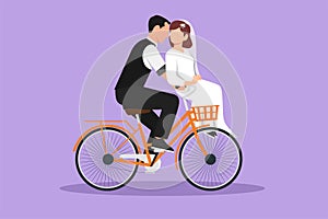 Cartoon flat style drawing romantic married couple riding bicycle. Handsome man and pretty woman in love with wedding dress. Happy