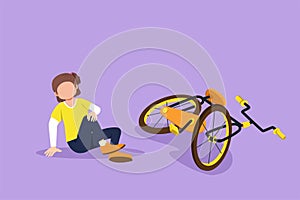 Cartoon flat style drawing sad pretty little girl hurt fallen off the bicycle. Broken bicycle. Kids fallen from bike unhappy