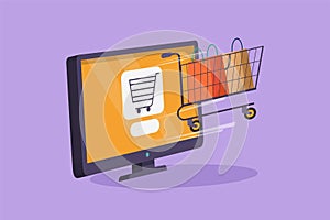 Cartoon flat style drawing shopping cart out of monitor screen. Digital lifestyle with internet and gadgets. Sale, marketing,