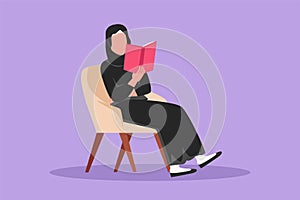 Cartoon flat style drawing smart Arab girl student sitting on chair, reading book in library or bookshop. Woman pupil studying.
