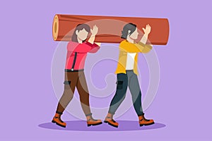 Cartoon flat style drawing two beautiful woman lumberjack laborers carrying heavy wooden log on shoulders. Strong female