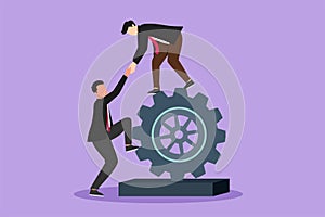 Cartoon flat style drawing two businessmen helping each other on top of cog. Teamwork people help each other trust assistance.
