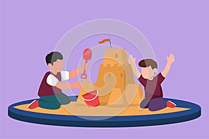 Cartoon flat style drawing two cute little boys build sandcastle together. Children sitting on sandbox and playing with sand