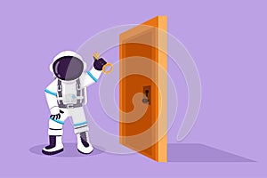 Cartoon flat style drawing young astronaut lifting key in front of door in moon surface. Spaceman holding key to open office room
