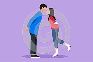 Cartoon flat style drawing young boy and pretty girl in love. Romantic Arabian couple lovers kissing each other. Happy man and