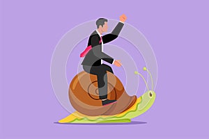 Cartoon flat style drawing of young businessman rides snail. Weak competitor. Ineffective manager, bad solution. Slow business