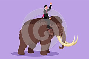 Cartoon flat style drawing of young businessman riding huge dangerous mammoth. Professional entrepreneur male character fight with